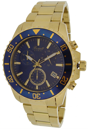 Bonett herreur med chronograh forgyldt m /blå skive